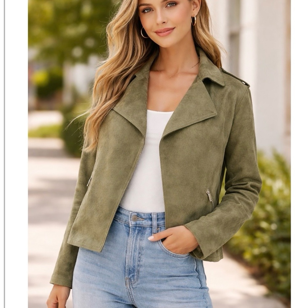 Tahari Woman Olive Faux Suede Moto Jacket | Size 1X |